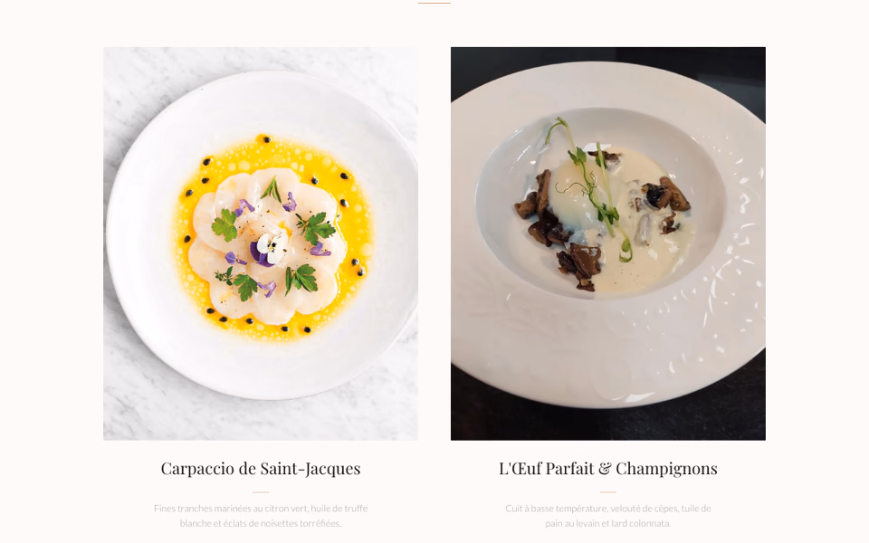 Deux fiches de plats côte à côte : une photo, le nom du plat et sa description.