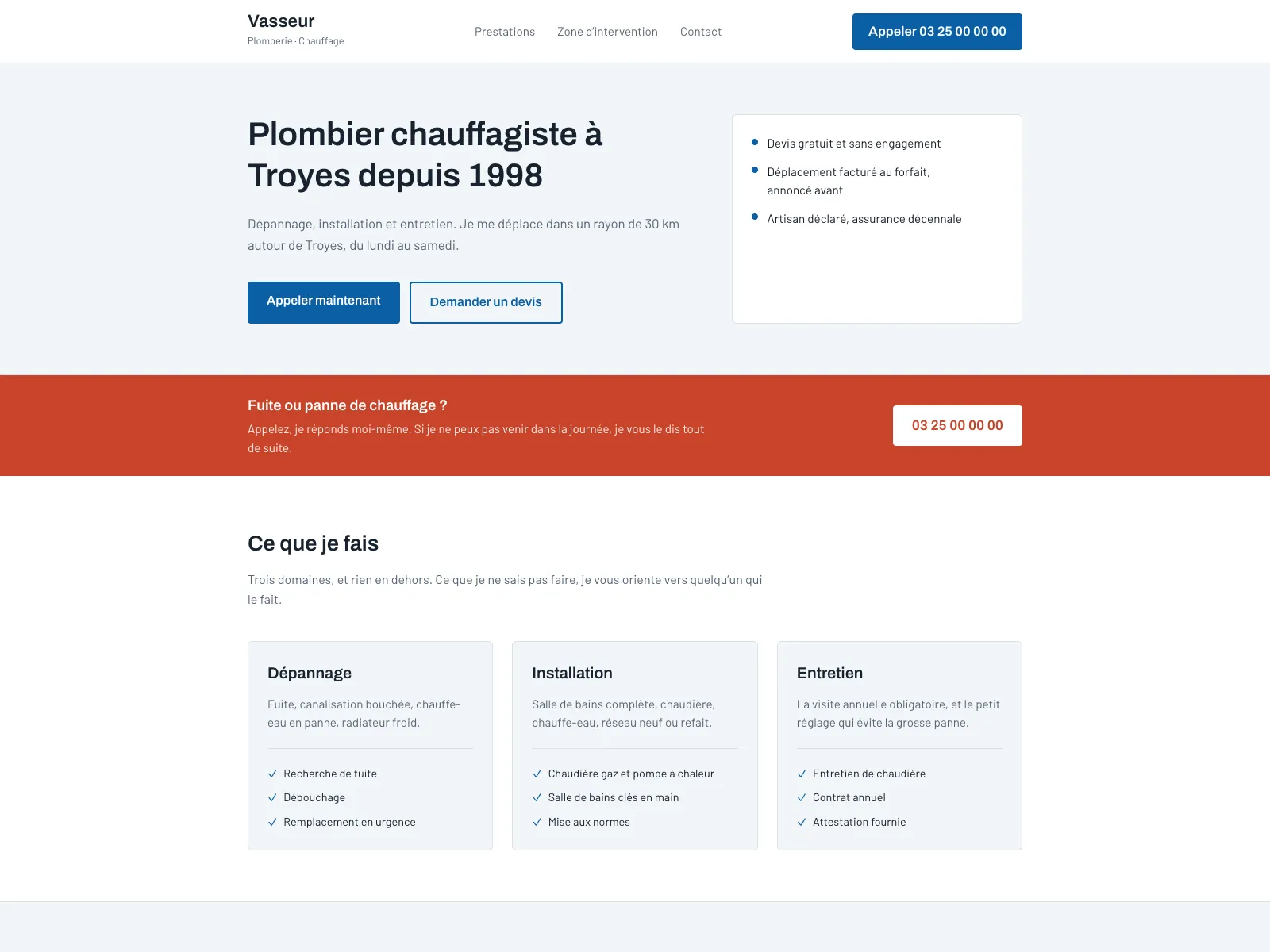 Accueil du site Vasseur : bandeau bleu, bouton d’appel, encadrés de prestations sur fond gris.